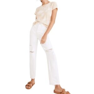 Madewell perfect vintage straight stretch jeans tile white ripped knee 25